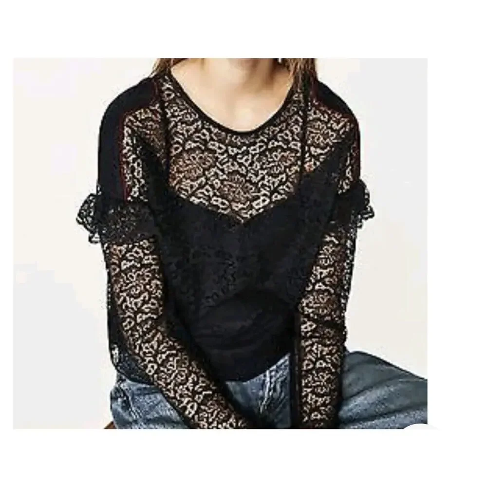 Zara Top Womens Small Midnight Blue Cropped Lace Ruffle‎ Sheer Fairy Whimsigoth